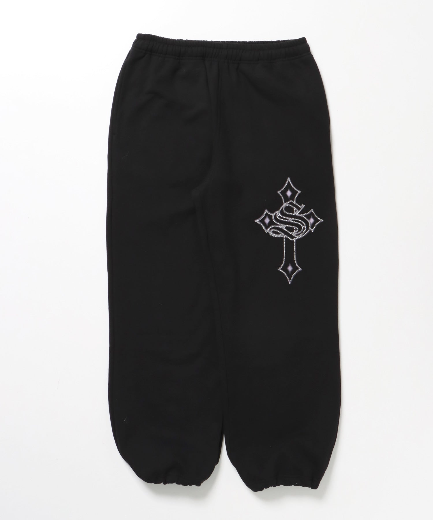 CROSS RHINE STONE SWEAT PANTS / ラインストーン クロス スウェットパンツ ドローコード 裏起毛 【セットアップ】 ブラック