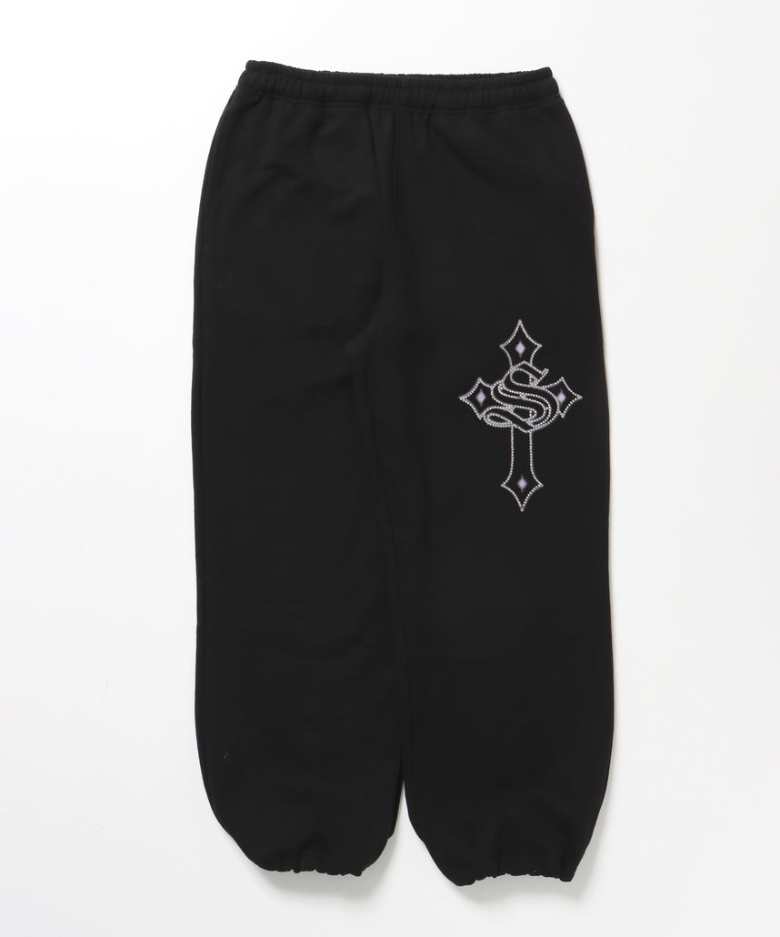 CROSS RHINE STONE SWEAT PANTS / ラインストーン クロス スウェットパンツ ドローコード 裏起毛 【セットアップ】 ブラック