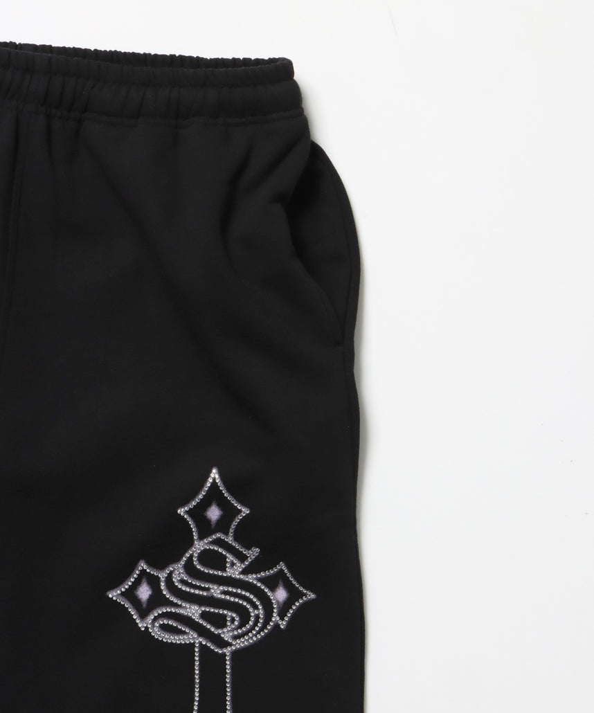 CROSS RHINE STONE SWEAT PANTS / ラインストーン クロス スウェットパンツ ドローコード 裏起毛 【セットアップ】 ブラック