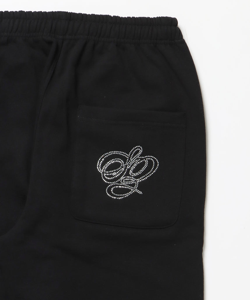 CROSS RHINE STONE SWEAT PANTS / ラインストーン クロス スウェットパンツ ドローコード 裏起毛 【セットアップ】 ブラック