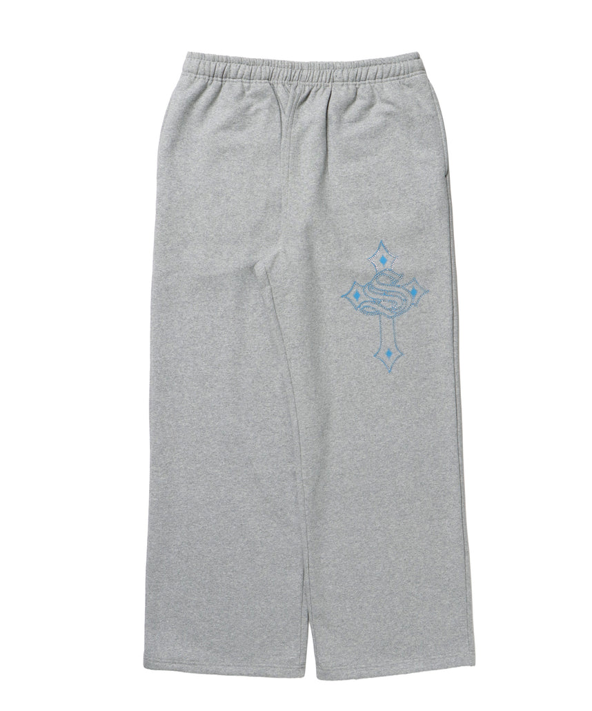 CROSS RHINE STONE SWEAT PANTS / ラインストーン クロス スウェットパンツ ドローコード 裏起毛 【セットアップ】 グレー