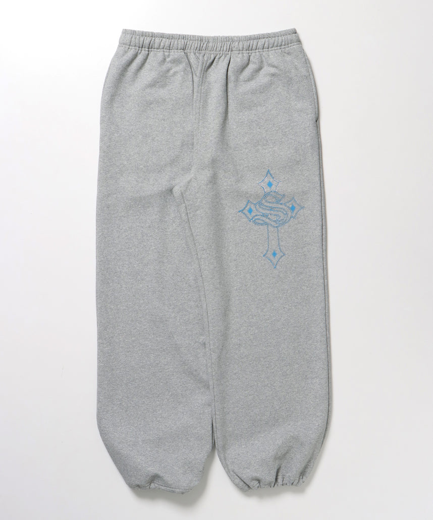 CROSS RHINE STONE SWEAT PANTS / ラインストーン クロス スウェットパンツ ドローコード 裏起毛 【セットアップ】 グレー