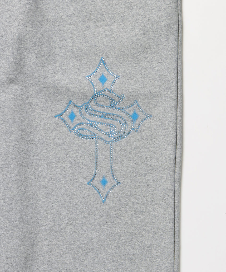 CROSS RHINE STONE SWEAT PANTS / ラインストーン クロス スウェットパンツ ドローコード 裏起毛 【セットアップ】 グレー