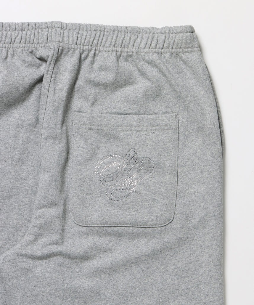 CROSS RHINE STONE SWEAT PANTS / ラインストーン クロス スウェットパンツ ドローコード 裏起毛 【セットアップ】 グレー