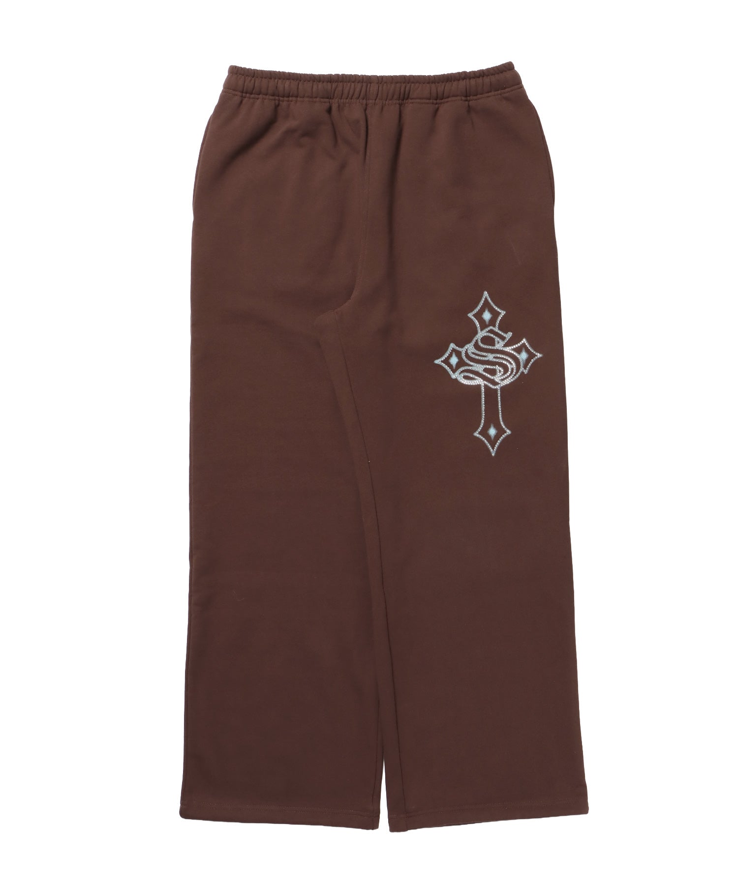 CROSS RHINE STONE SWEAT PANTS / ラインストーン クロス スウェットパンツ ドローコード 裏起毛 【セットアップ】 モカ