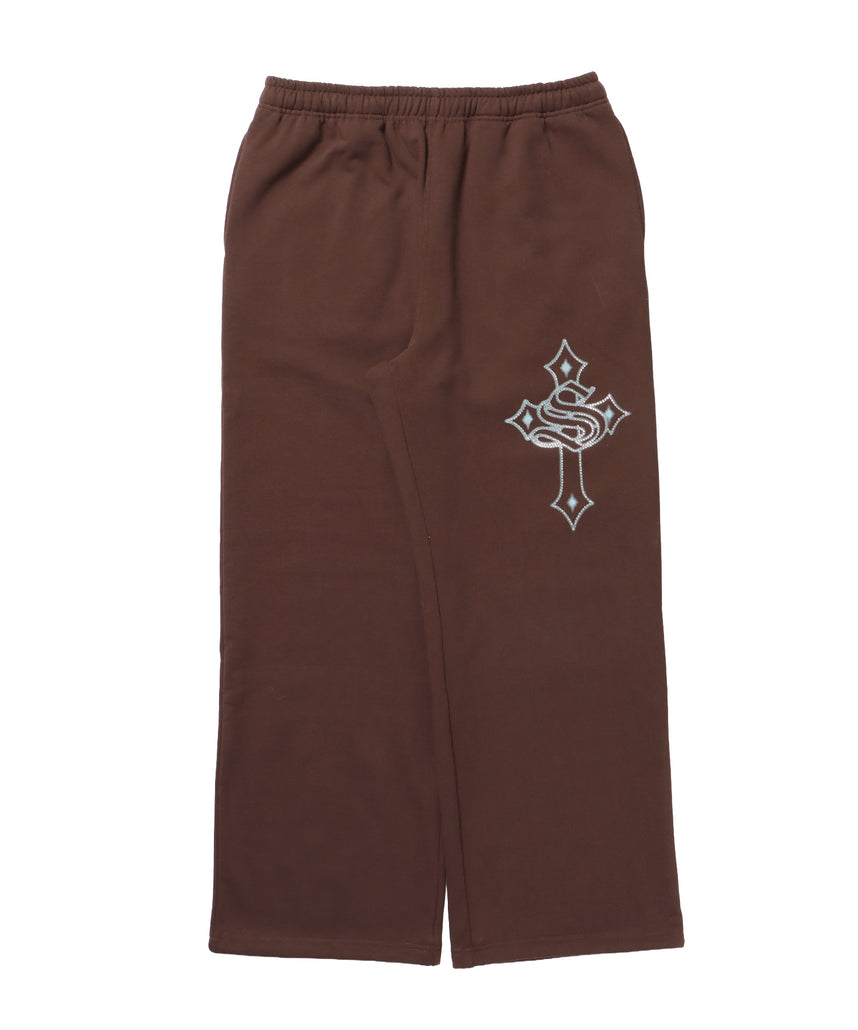 CROSS RHINE STONE SWEAT PANTS / ラインストーン クロス スウェットパンツ ドローコード 裏起毛 【セットアップ】 モカ