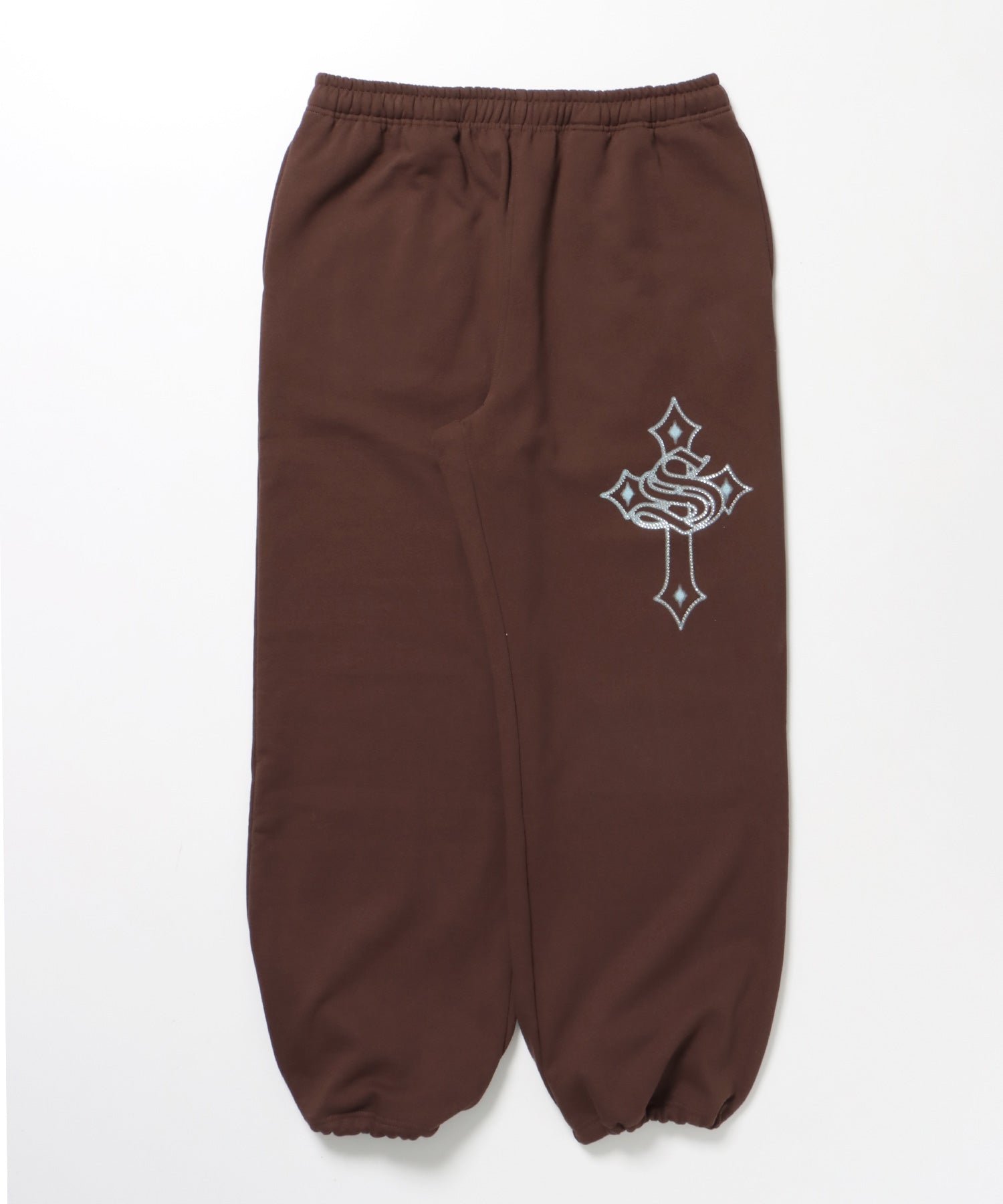 CROSS RHINE STONE SWEAT PANTS / ラインストーン クロス スウェットパンツ ドローコード 裏起毛 【セットアップ】 モカ