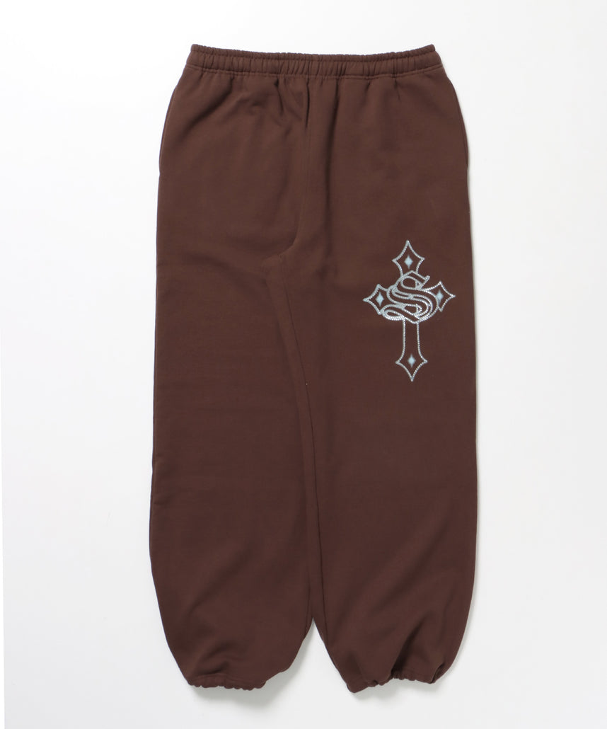 CROSS RHINE STONE SWEAT PANTS / ラインストーン クロス スウェットパンツ ドローコード 裏起毛 【セットアップ】 モカ