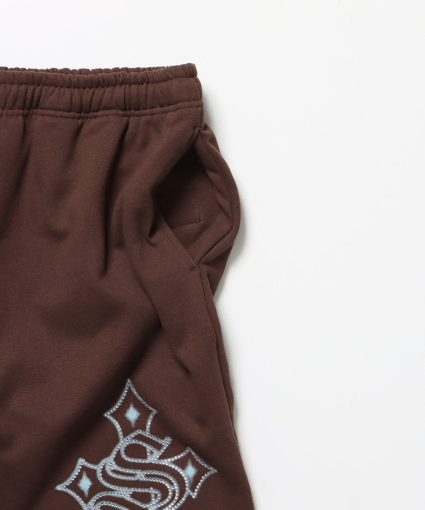 CROSS RHINE STONE SWEAT PANTS / ラインストーン クロス スウェットパンツ ドローコード 裏起毛 【セットアップ】 モカ
