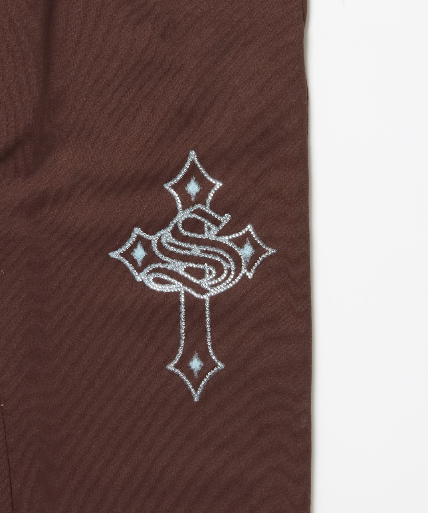 CROSS RHINE STONE SWEAT PANTS / ラインストーン クロス スウェットパンツ ドローコード 裏起毛 【セットアップ】 モカ