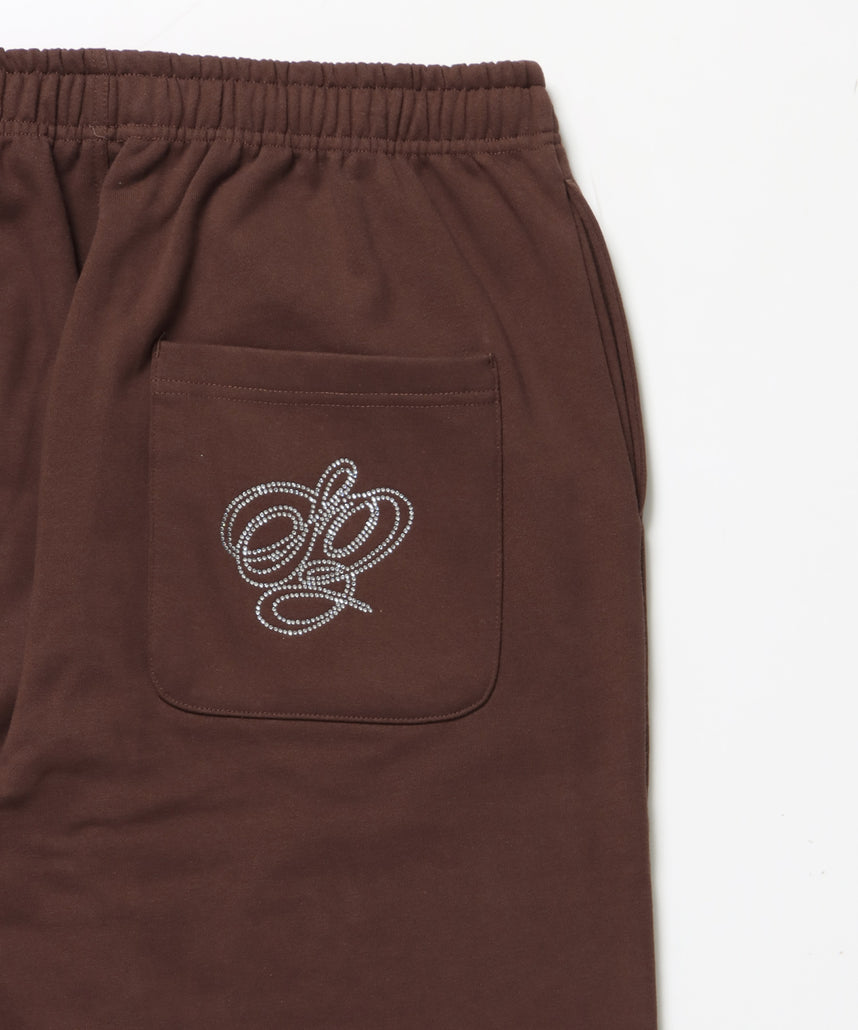 CROSS RHINE STONE SWEAT PANTS / ラインストーン クロス スウェットパンツ ドローコード 裏起毛 【セットアップ】 モカ