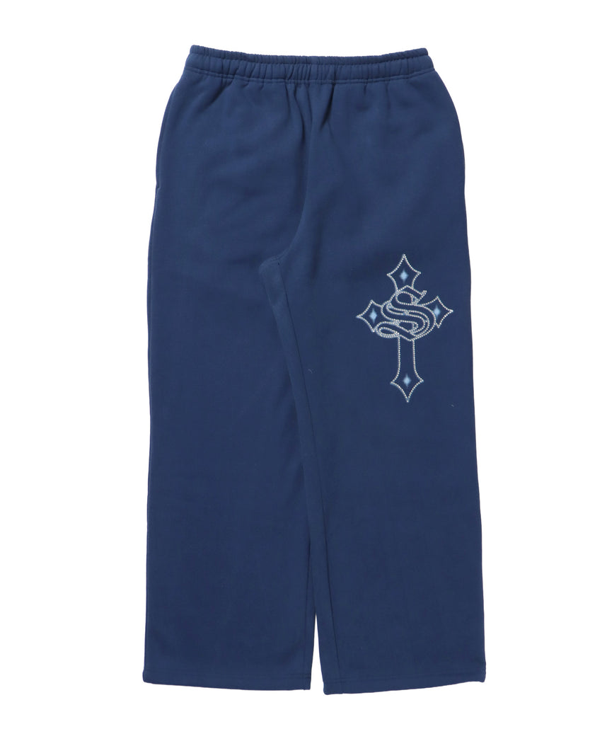 CROSS RHINE STONE SWEAT PANTS / ラインストーン クロス スウェットパンツ ドローコード 裏起毛 【セットアップ】 ダークネイビー