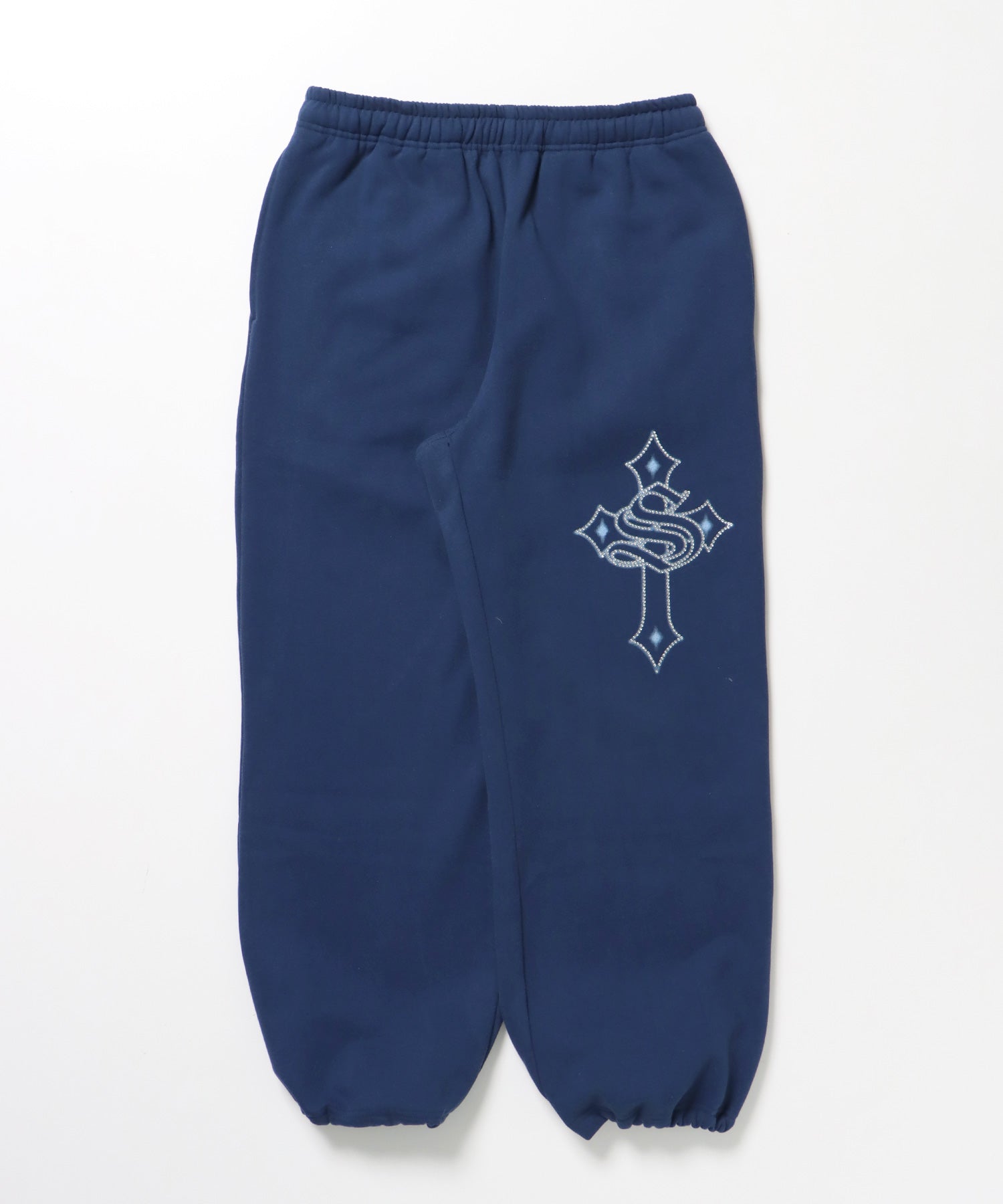 CROSS RHINE STONE SWEAT PANTS / ラインストーン クロス スウェットパンツ ドローコード 裏起毛 【セットアップ】 ダークネイビー