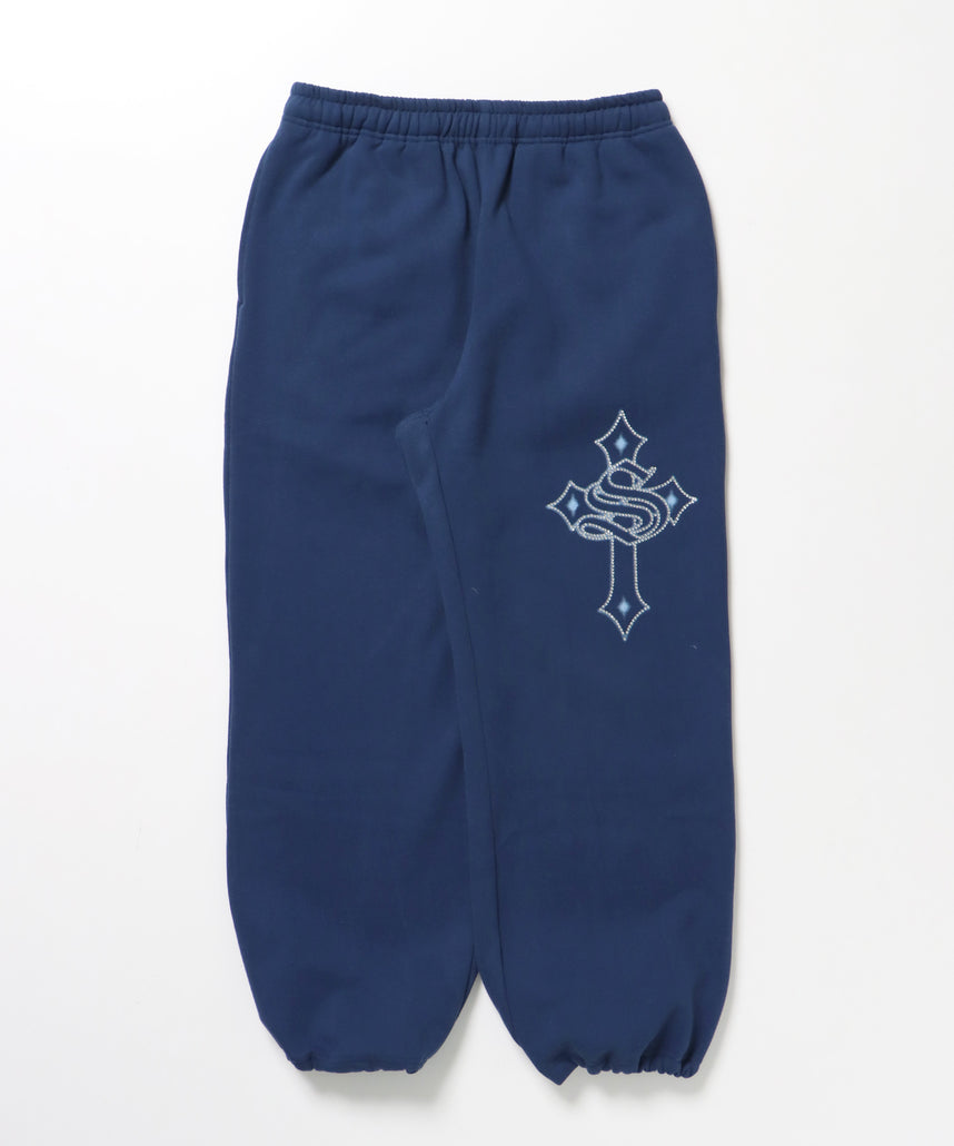 CROSS RHINE STONE SWEAT PANTS / ラインストーン クロス スウェットパンツ ドローコード 裏起毛 【セットアップ】 ダークネイビー