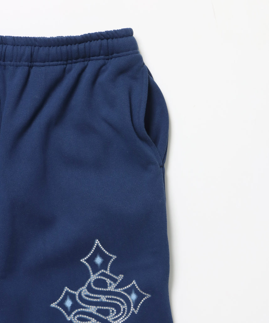 CROSS RHINE STONE SWEAT PANTS / ラインストーン クロス スウェットパンツ ドローコード 裏起毛 【セットアップ】 ダークネイビー