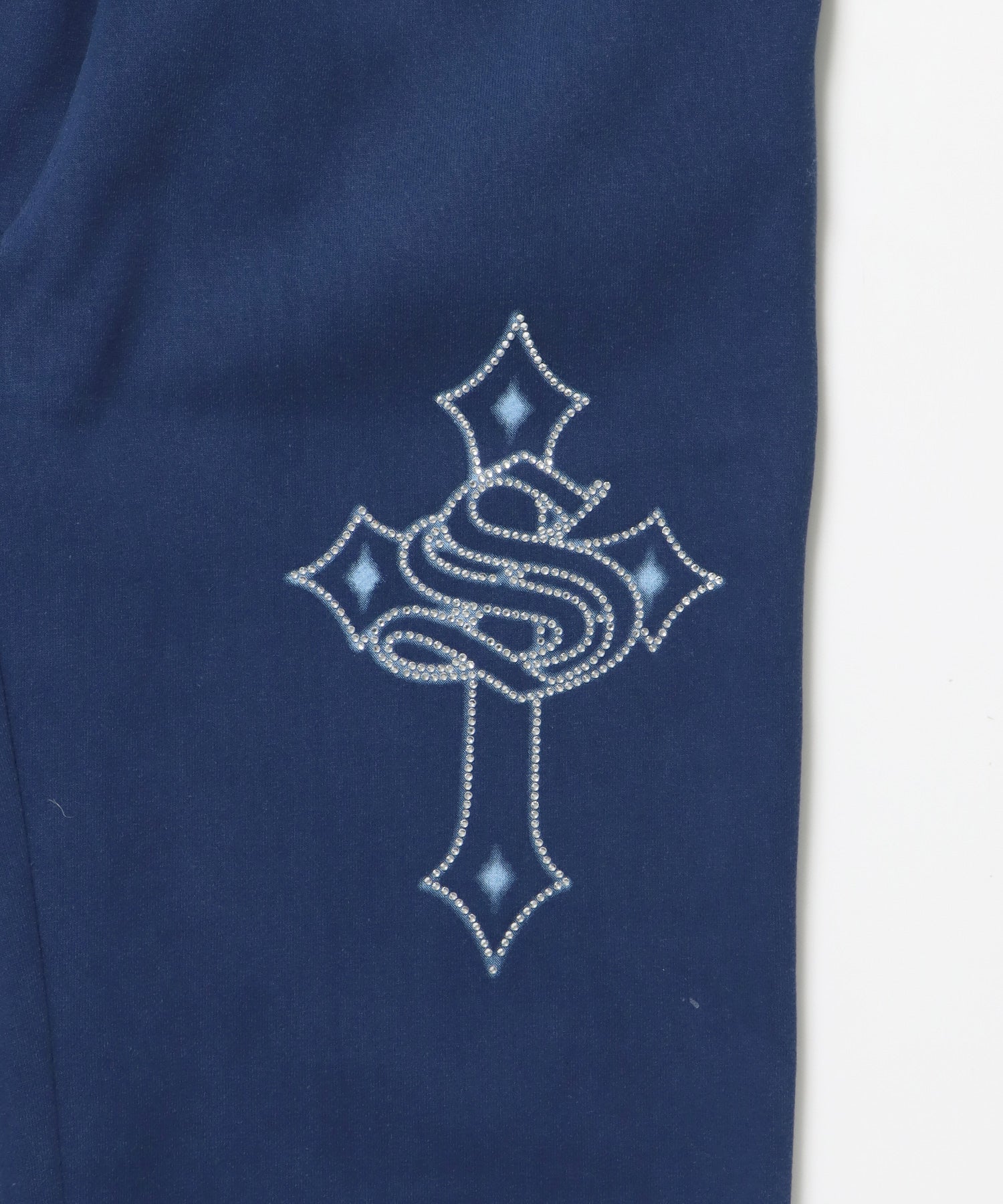 CROSS RHINE STONE SWEAT PANTS / ラインストーン クロス スウェットパンツ ドローコード 裏起毛 【セットアップ】 ダークネイビー