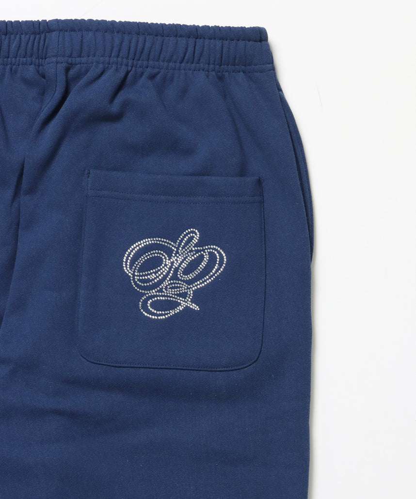 CROSS RHINE STONE SWEAT PANTS / ラインストーン クロス スウェットパンツ ドローコード 裏起毛 【セットアップ】 ダークネイビー