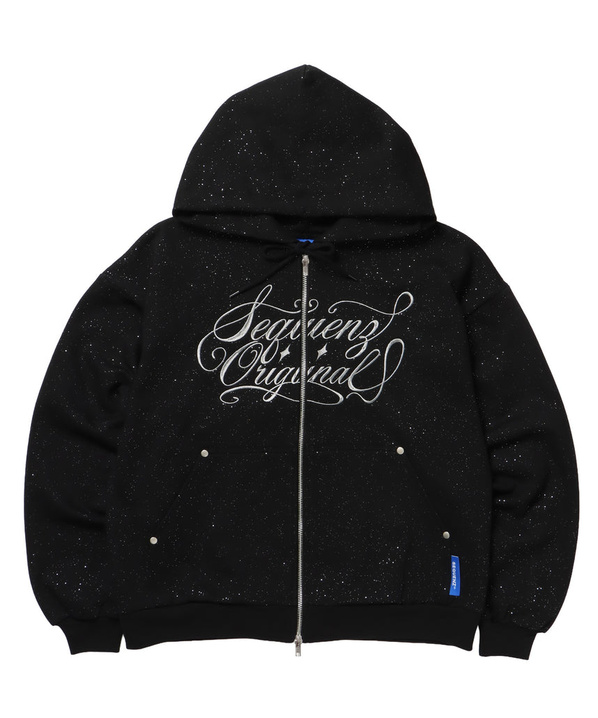 SQNZ LOGO GLITTER ZIP P/K / グリッター ジップパーカー ラメプリント ダブルジップ 裏起毛 【セットアップ着用可】 ブラック
