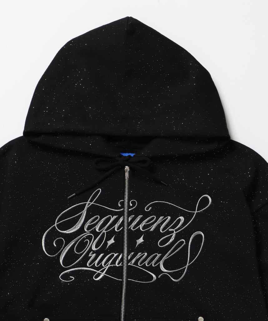 SQNZ LOGO GLITTER ZIP P/K / グリッター ジップパーカー ラメプリント ダブルジップ 裏起毛 【セットアップ着用可】 ブラック