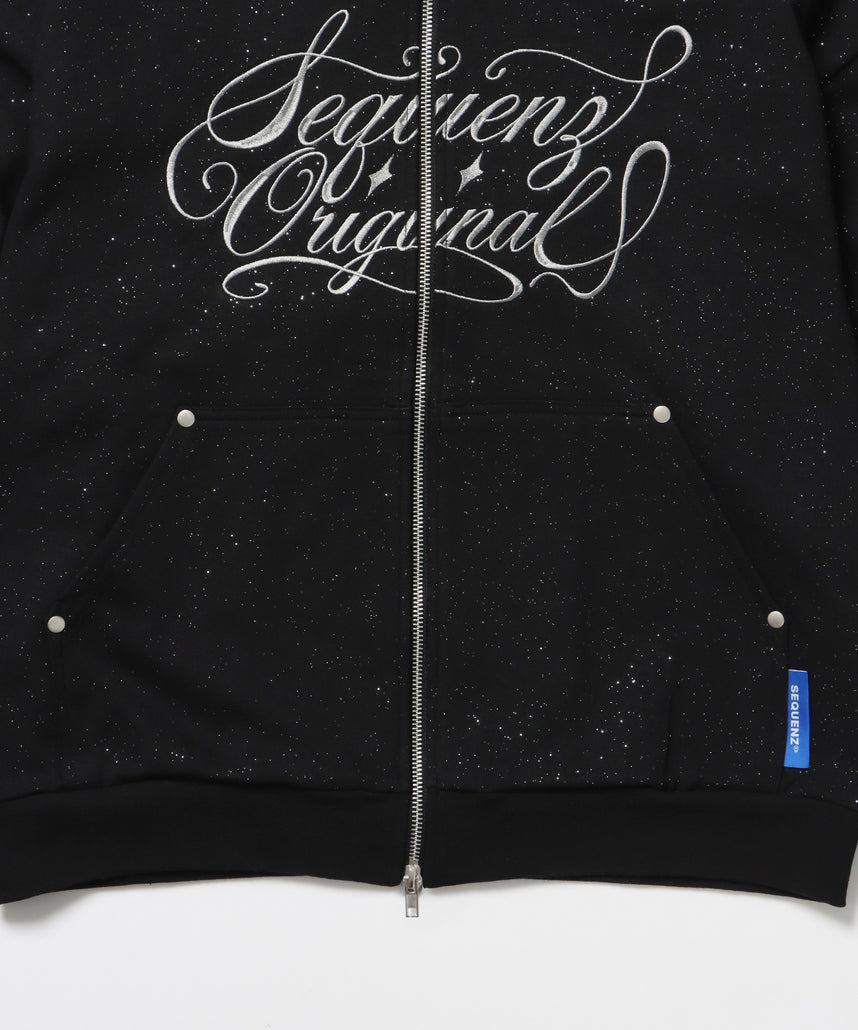 SQNZ LOGO GLITTER ZIP P/K / グリッター ジップパーカー ラメプリント ダブルジップ 裏起毛 【セットアップ着用可】 ブラック