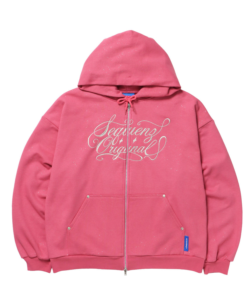 SQNZ LOGO GLITTER ZIP P/K / グリッター ジップパーカー ラメプリント ダブルジップ 裏起毛 【セットアップ着用可】 ピンク
