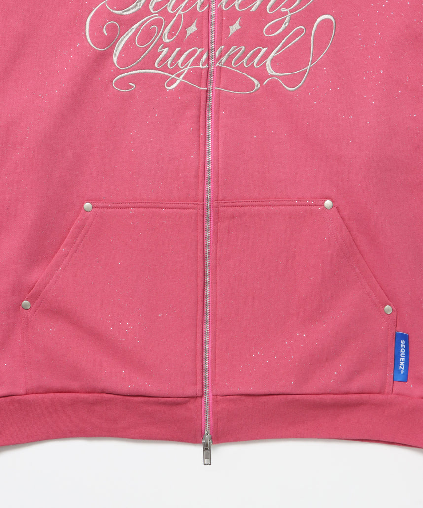 SQNZ LOGO GLITTER ZIP P/K / グリッター ジップパーカー ラメプリント ダブルジップ 裏起毛 【セットアップ着用可】 ピンク