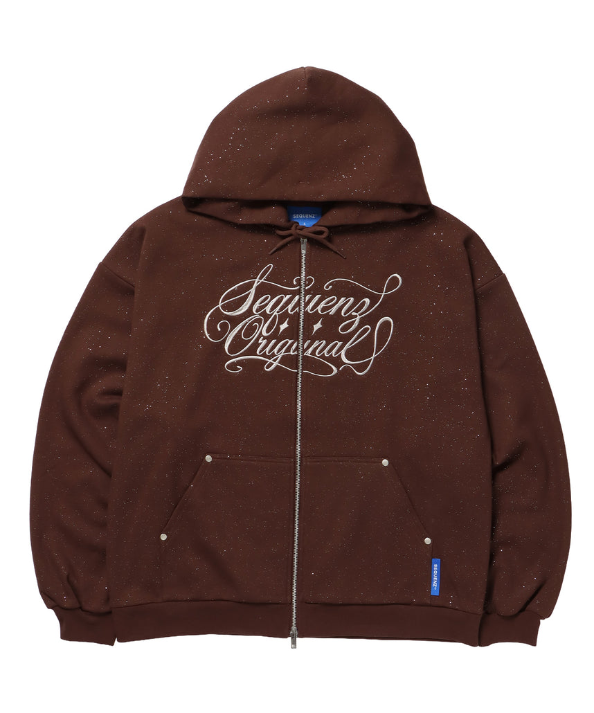 SQNZ LOGO GLITTER ZIP P/K / グリッター ジップパーカー ラメプリント ダブルジップ 裏起毛 【セットアップ着用可】 モカ