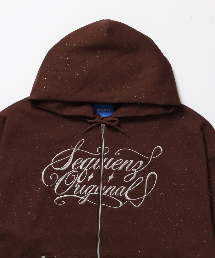 SQNZ LOGO GLITTER ZIP P/K / グリッター ジップパーカー ラメプリント ダブルジップ 裏起毛 【セットアップ着用可】 モカ