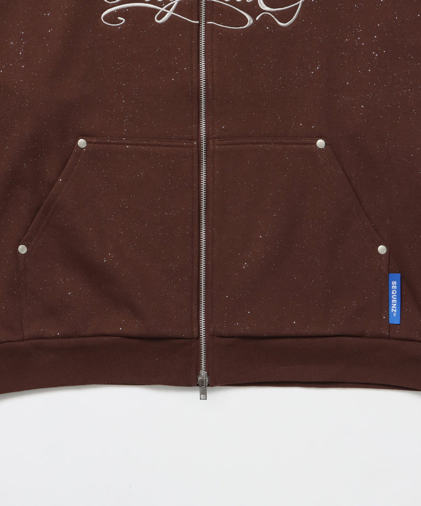 SQNZ LOGO GLITTER ZIP P/K / グリッター ジップパーカー ラメプリント ダブルジップ 裏起毛 【セットアップ着用可】 モカ