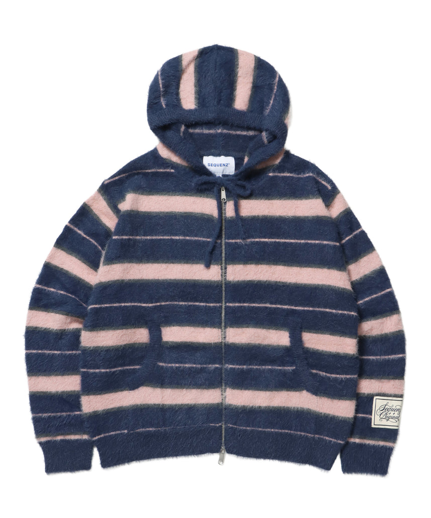 SHAGGY BORDER HOODIE ZIP / ボーダー ニット パーカー ジップ ダブルジップ フーディ ライトピンク