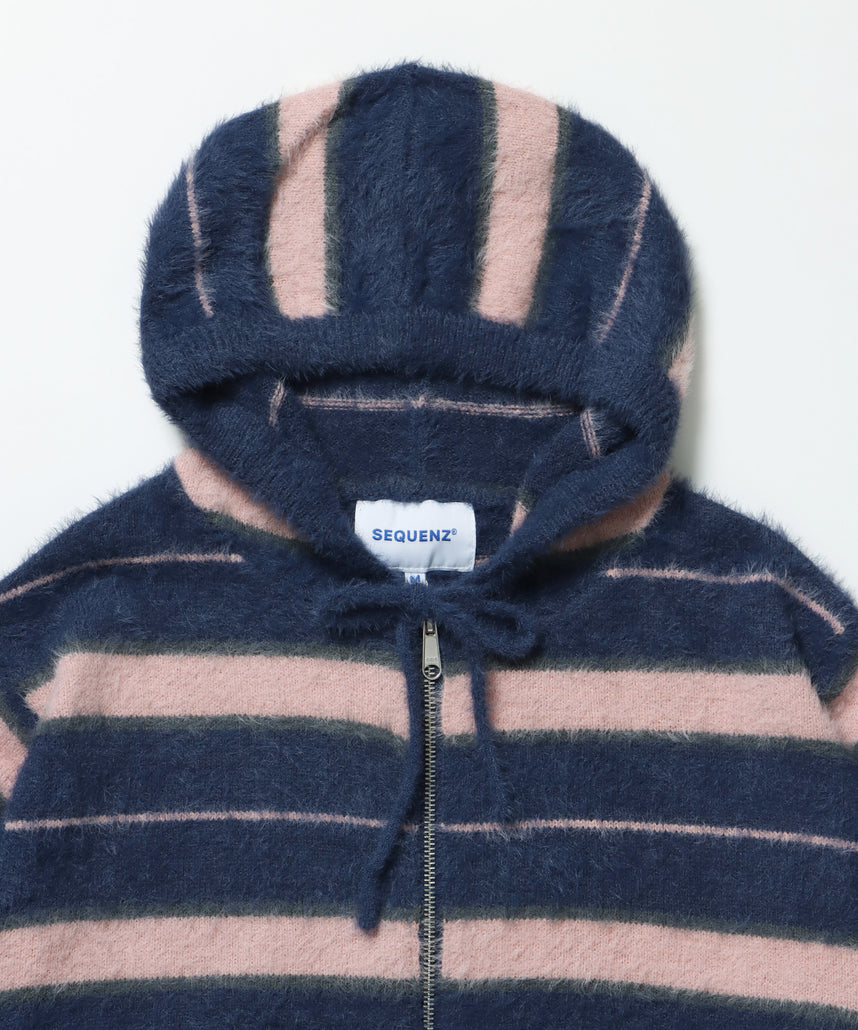 SHAGGY BORDER HOODIE ZIP / ボーダー ニット パーカー ジップ ダブルジップ フーディ ライトピンク