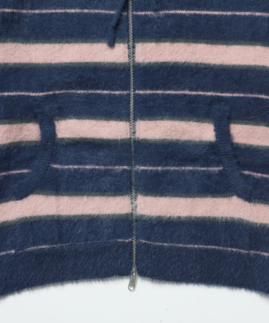 SHAGGY BORDER HOODIE ZIP / ボーダー ニット パーカー ジップ ダブルジップ フーディ ライトピンク