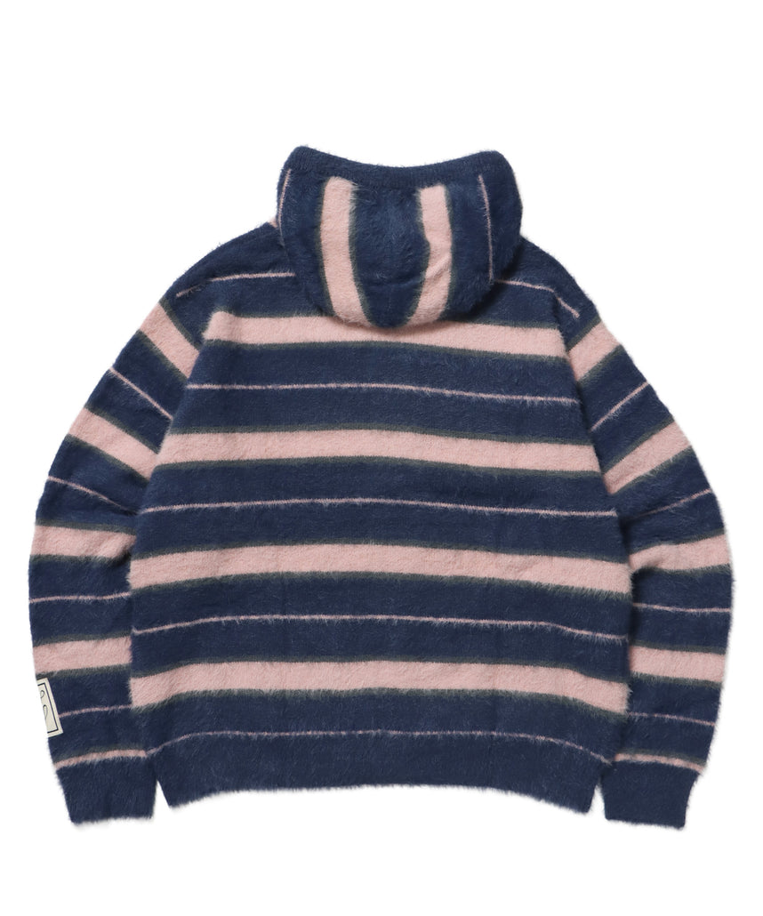 SHAGGY BORDER HOODIE ZIP / ボーダー ニット パーカー ジップ ダブルジップ フーディ ライトピンク