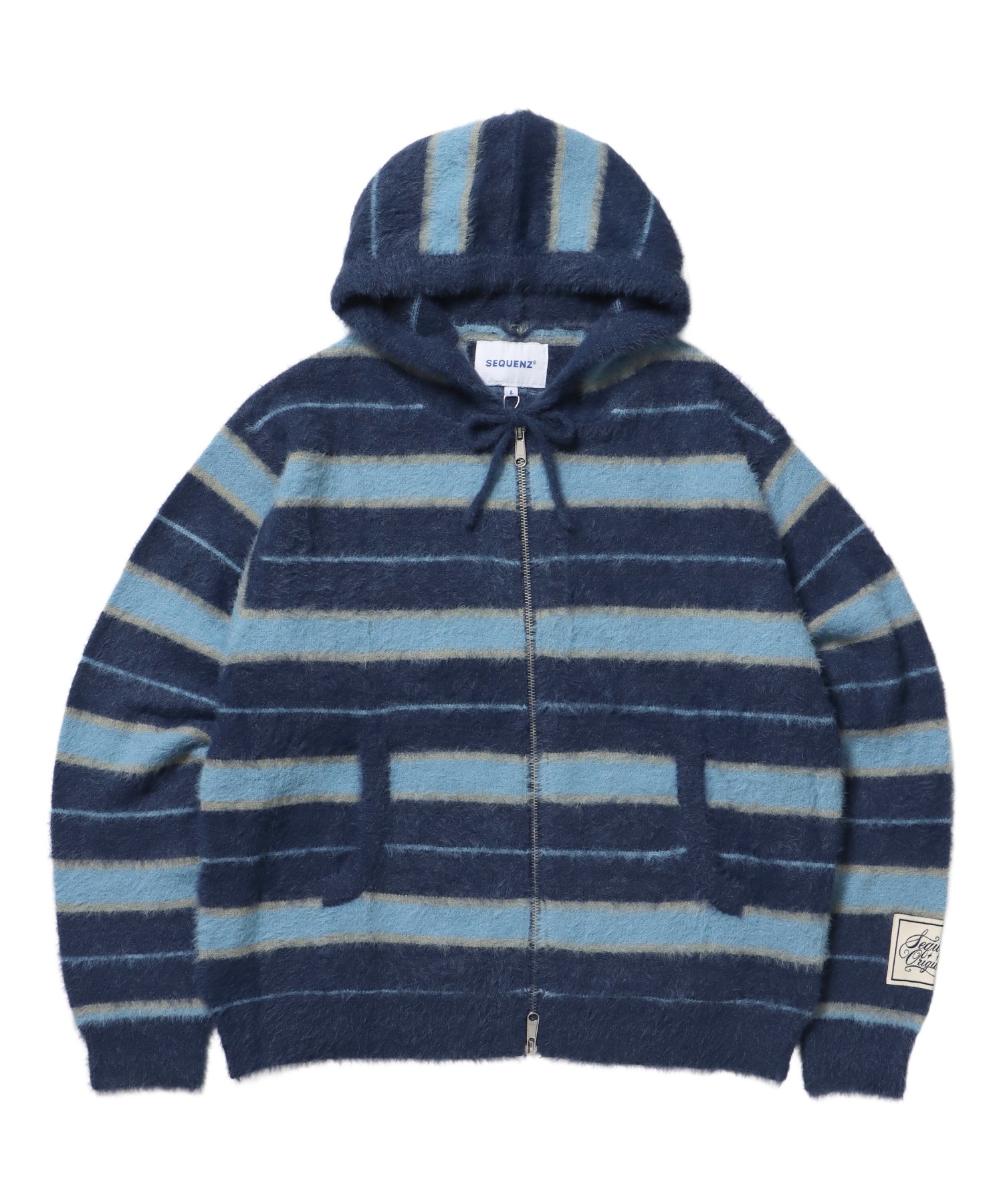 SHAGGY BORDER HOODIE ZIP / ボーダー ニット パーカー ジップ ダブルジップ フーディ ライトブルー