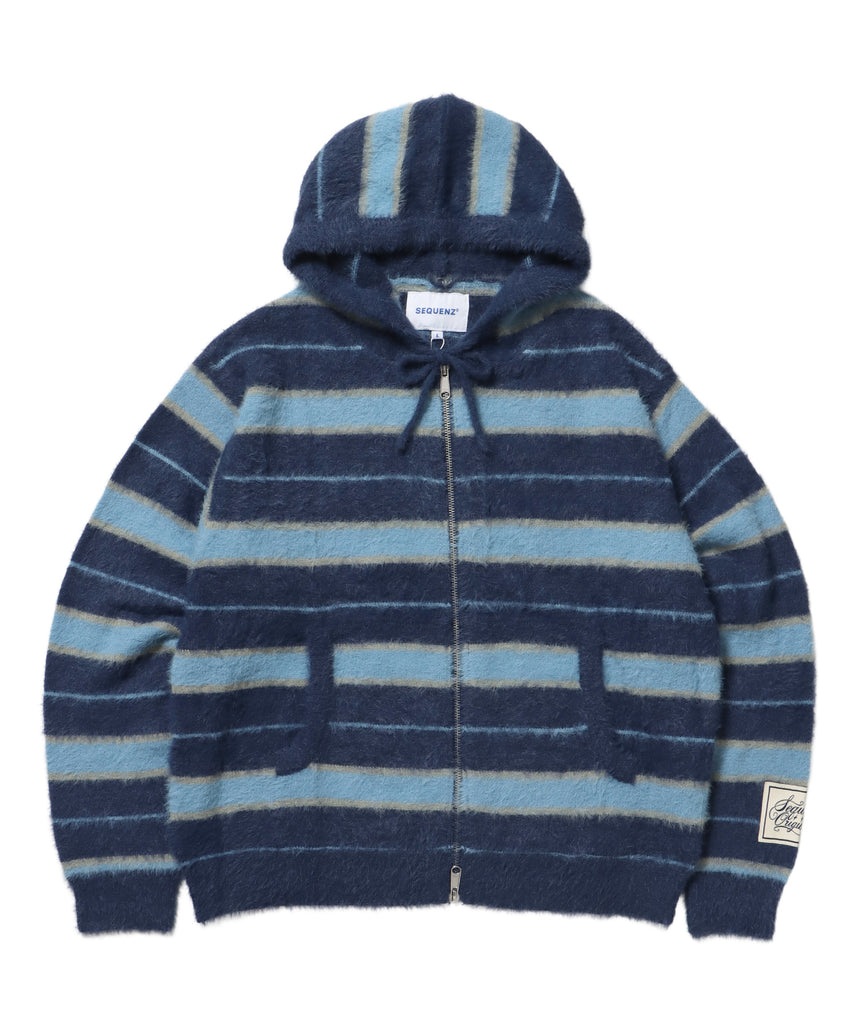SHAGGY BORDER HOODIE ZIP / ボーダー ニット パーカー ジップ ダブルジップ フーディ ライトブルー