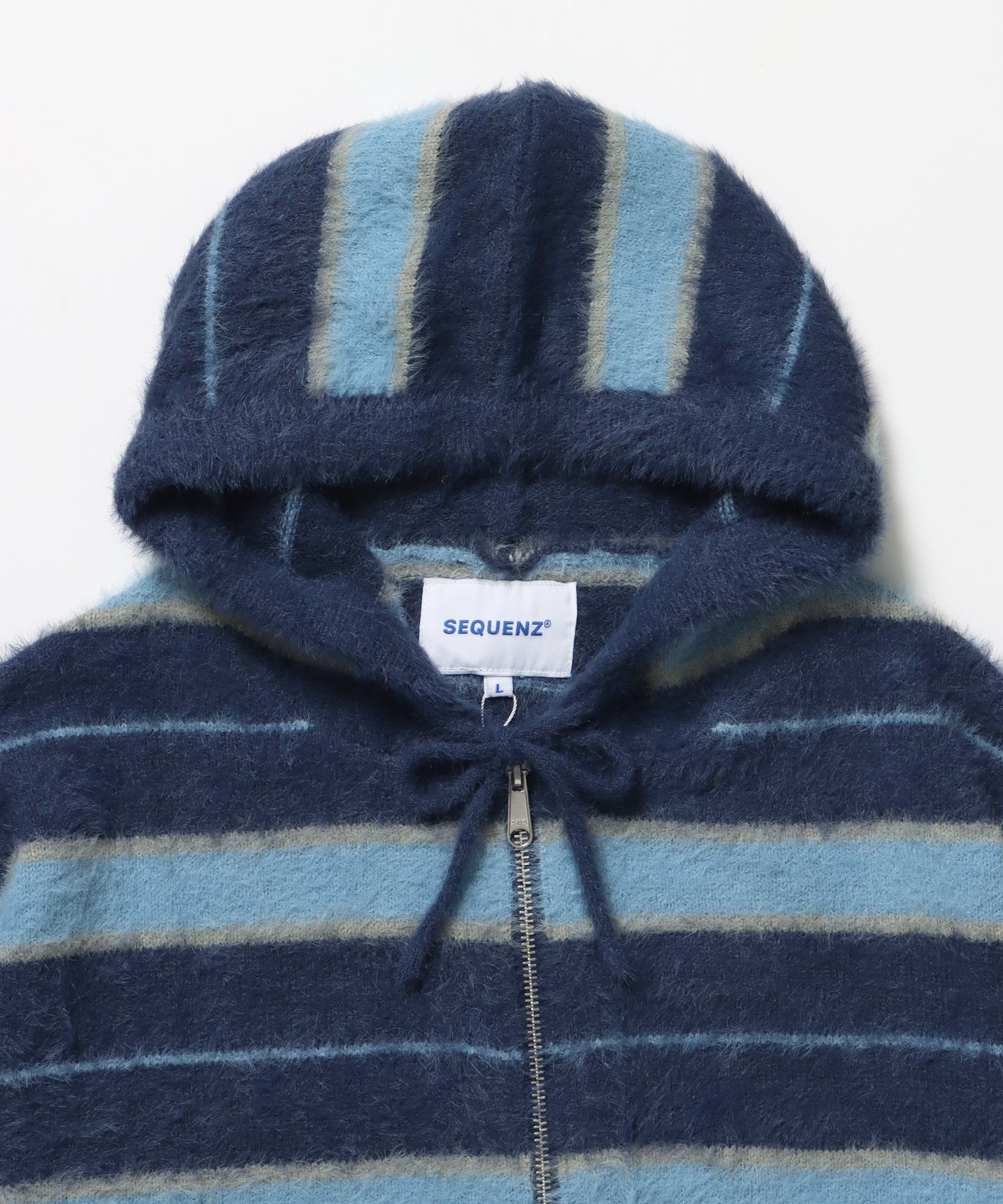 SHAGGY BORDER HOODIE ZIP / ボーダー ニット パーカー ジップ ダブルジップ フーディ ライトブルー