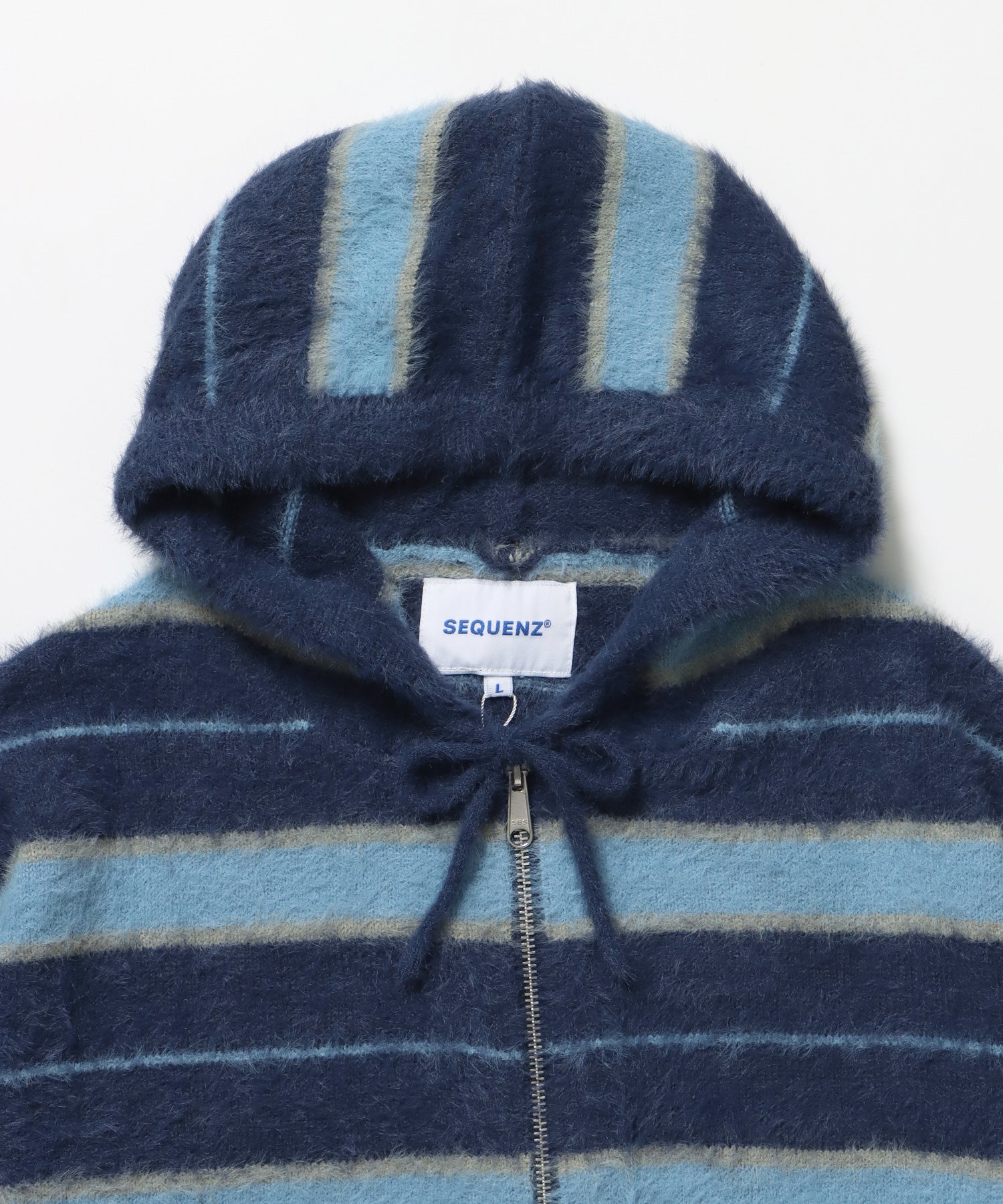 SHAGGY BORDER HOODIE ZIP / ボーダー ニット パーカー ジップ ダブルジップ フーディ ライトブルー