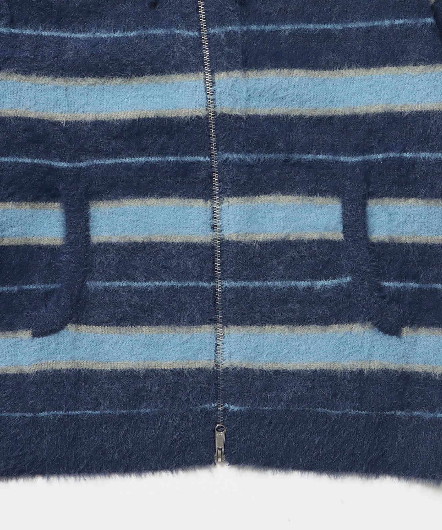 SHAGGY BORDER HOODIE ZIP / ボーダー ニット パーカー ジップ ダブルジップ フーディ ライトブルー