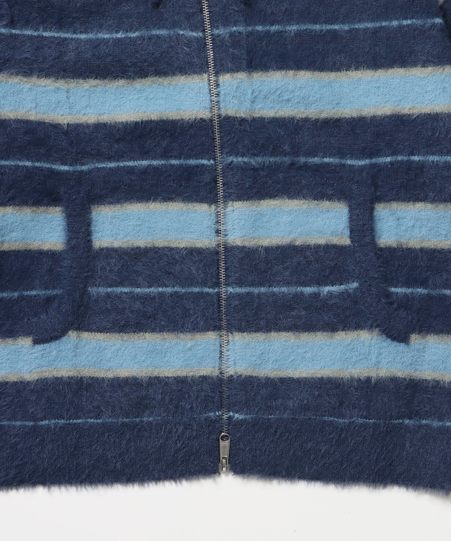 SHAGGY BORDER HOODIE ZIP / ボーダー ニット パーカー ジップ ダブルジップ フーディ ライトブルー