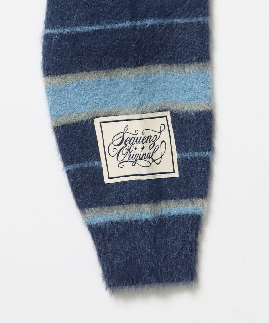 SHAGGY BORDER HOODIE ZIP / ボーダー ニット パーカー ジップ ダブルジップ フーディ ライトブルー