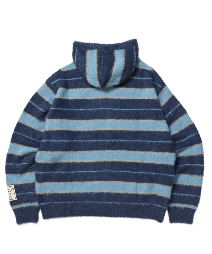 SHAGGY BORDER HOODIE ZIP / ボーダー ニット パーカー ジップ ダブルジップ フーディ ライトブルー