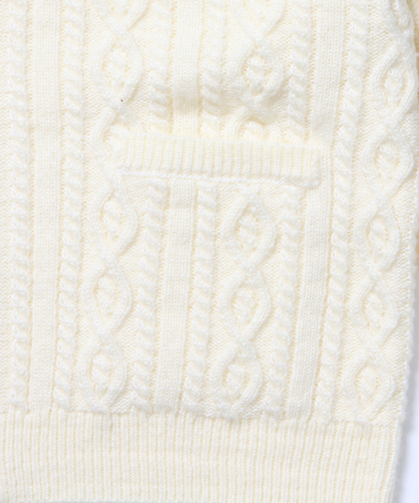 《一部予約商品》FUR CABLE KNIT ZIP-UP HOODIE / ニット ジップパーカー 刺繍 ファー ケーブルニット アイボリー