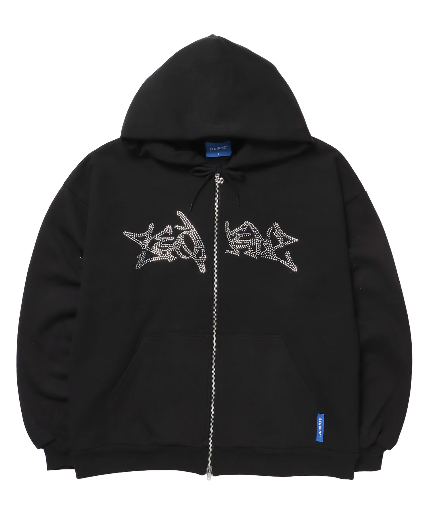 RHINE STONE ZIP P/K / ラインストーン ジップパーカー 裏起毛 フーディ スウェット ブラック