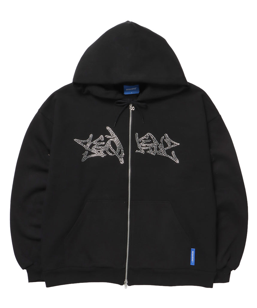RHINE STONE ZIP P/K / ラインストーン ジップパーカー 裏起毛 フーディ スウェット ブラック