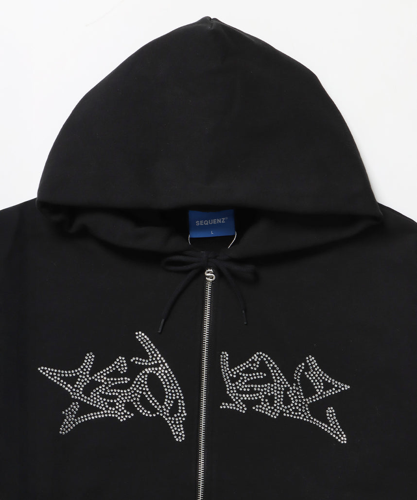 RHINE STONE ZIP P/K / ラインストーン ジップパーカー 裏起毛 フーディ スウェット ブラック