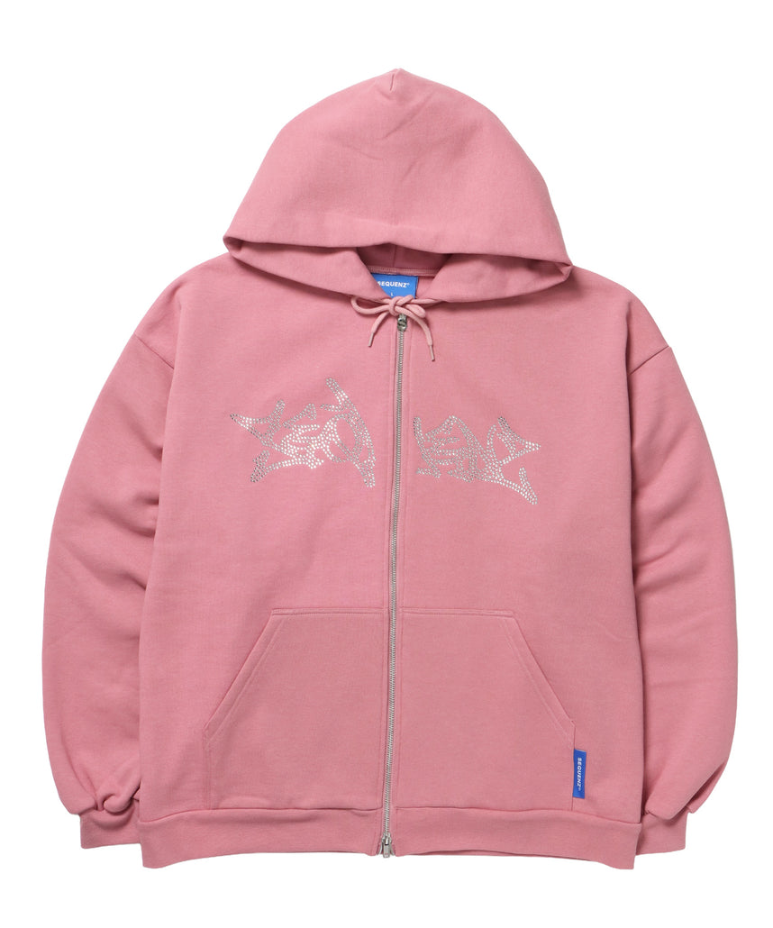 RHINE STONE ZIP P/K / ラインストーン ジップパーカー 裏起毛 フーディ スウェット ピンク