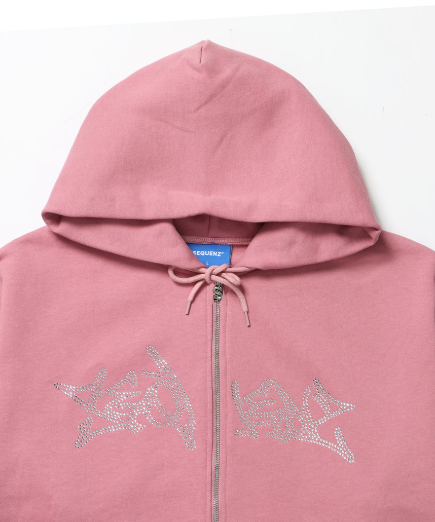 RHINE STONE ZIP P/K / ラインストーン ジップパーカー 裏起毛 フーディ スウェット ピンク