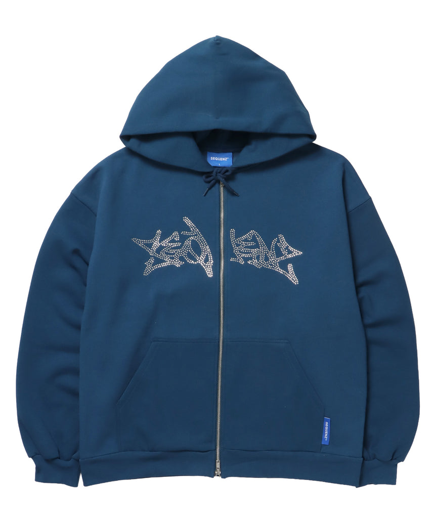 RHINE STONE ZIP P/K / ラインストーン ジップパーカー 裏起毛 フーディ スウェット ブルー