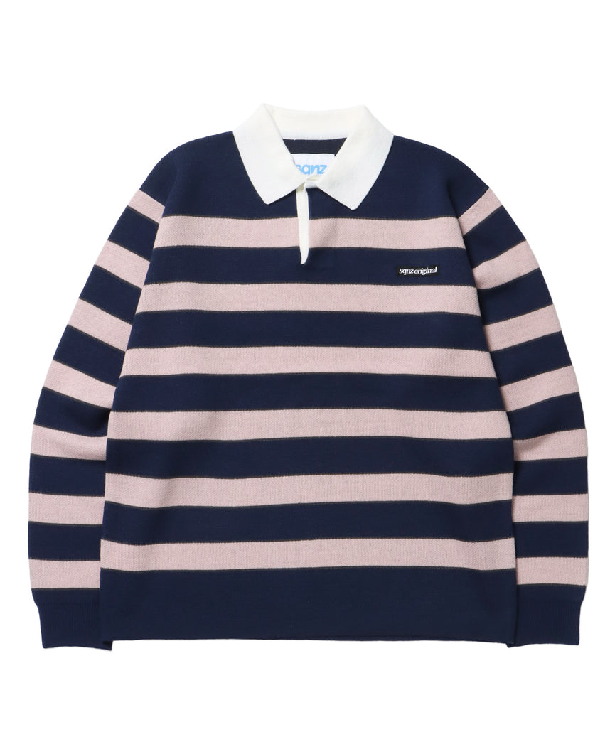 sqnz border knit / ボーダー ニット スキッパー 織ネーム ワンポイント ネイビー