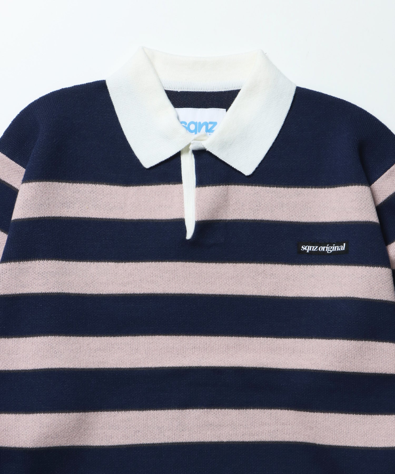 sqnz border knit / ボーダー ニット スキッパー 織ネーム ワンポイント ネイビー